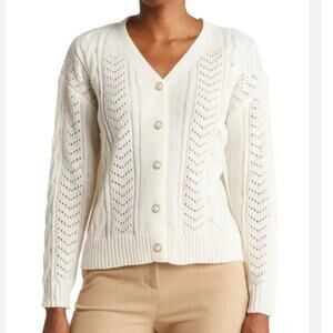 Nanette Lepore Cream Faux Pearl Cardigan Sweater XL Feminine Soft Light Knit NWT
